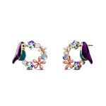 Purple Bird and Multicolour Floral Austrian Crystal Stud Earrings