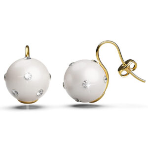 Crystal Embellished Large Round Shell Pearl Hook Back Earrings