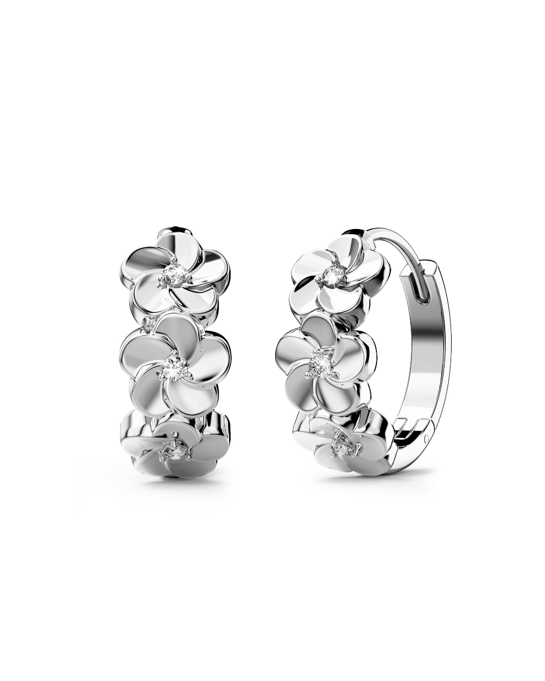 Floral Trio Huggie Earrings Embellished in SWAROVSKI® Crystals in White Gold