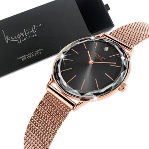 Krystal Couture Geometric Mineral Glass Feat SWAROVSKI® Crystal Watch Rose Gold Black