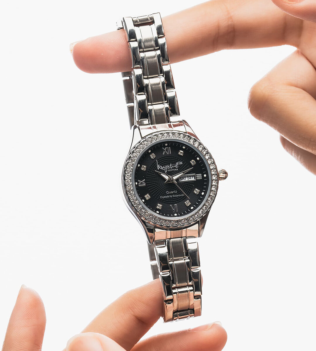 Lustrous White Gold on Black Watch Embellished With