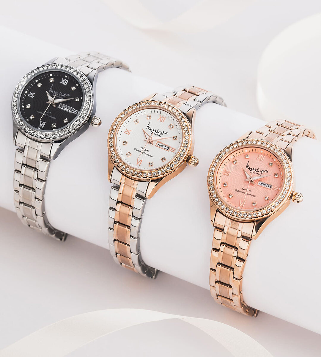 Lustrous White Gold on Black Watch Embellished With SWAROVSKI